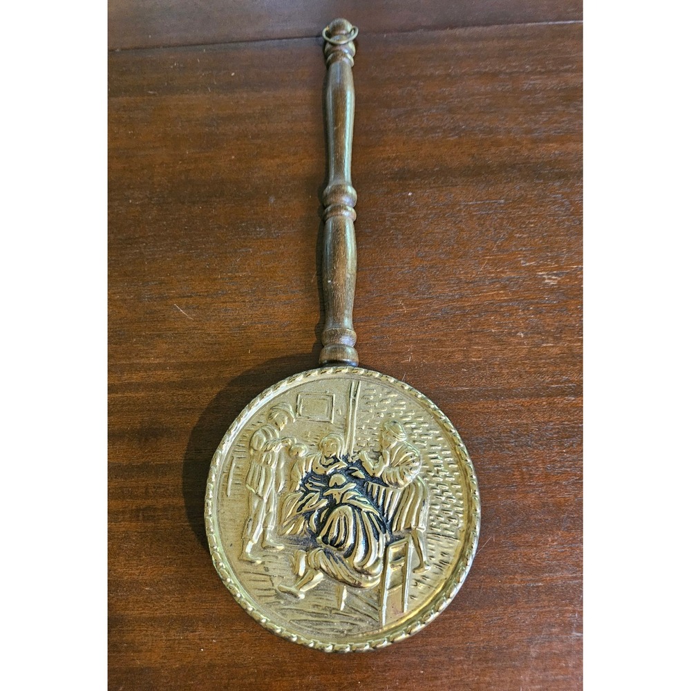Peerless Brass Chestnut Roaster Decor Gold Tavern Scene Embossed Wood Handle